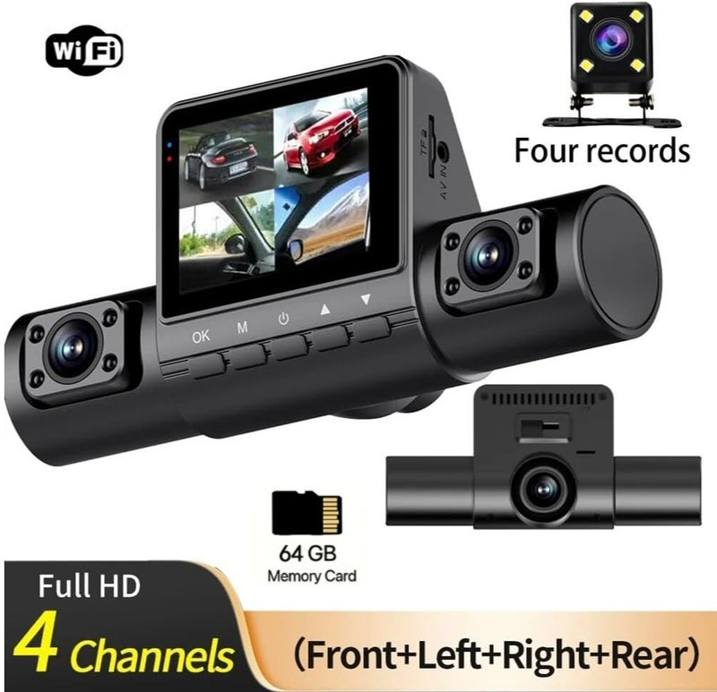 Momozone 4 Camera 1080P Dash Cam for Cars – 360° Front, Rear, Left, Right & Inside Recording, Heat Resistant 70°C, Super Capacitor, Loop Recording, 2.0” IPS Screen, 64GB Card Included - Image 1